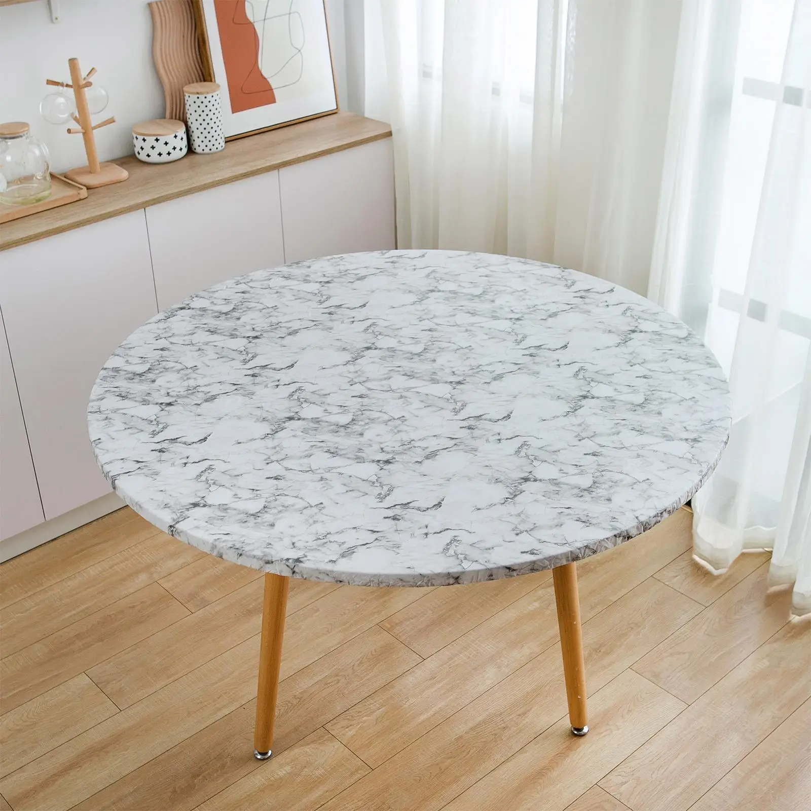 Round Vinyl Fitted Tablecloth Table Cloth Stain Resistant with Flannel Backing Waterproof Oil Proof Elastic Edge Table Cover