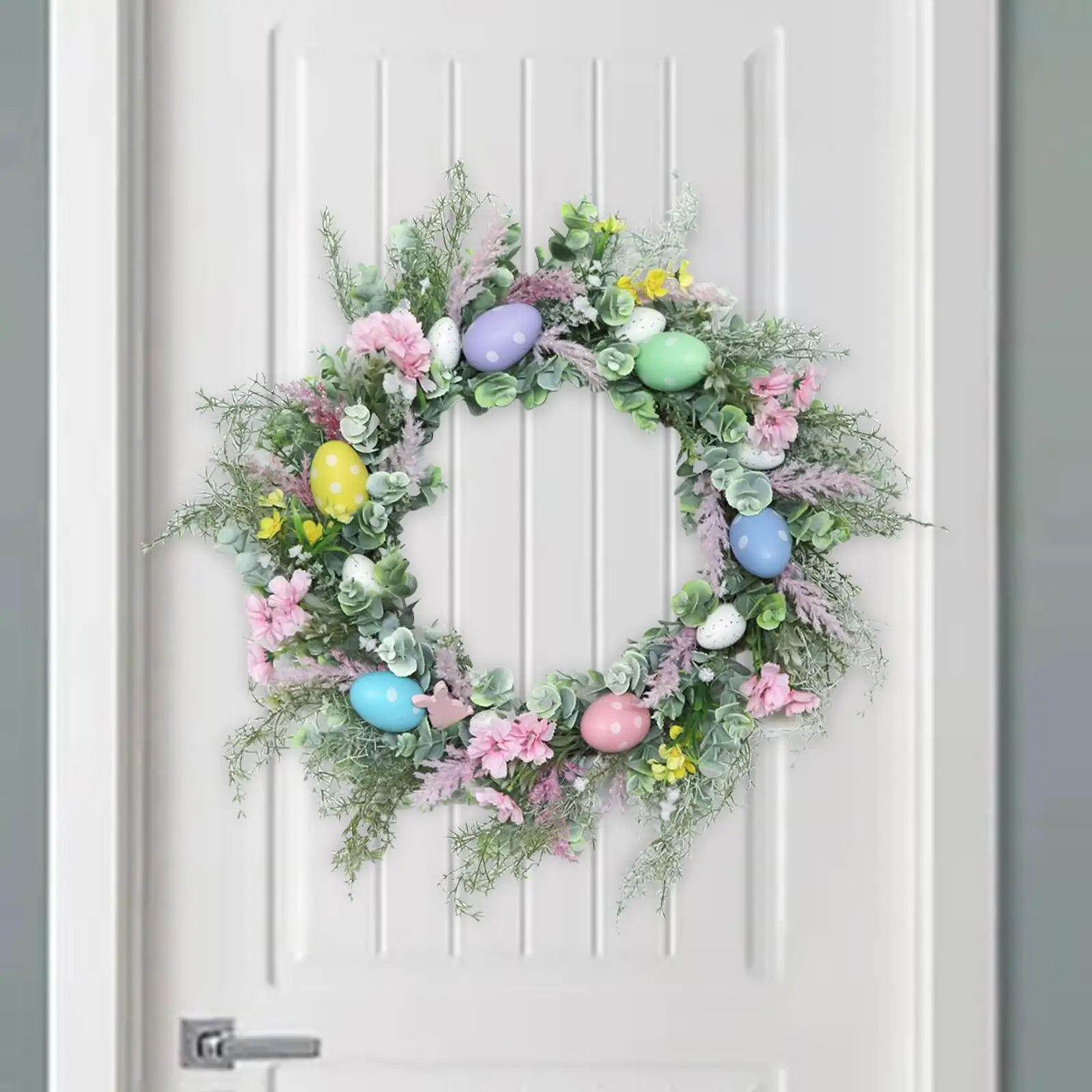 Round Easter Egg Flower Wreath Front Door Spring Window Artificial Green Leaves Garland for Holiday Garden Decoration Ornament