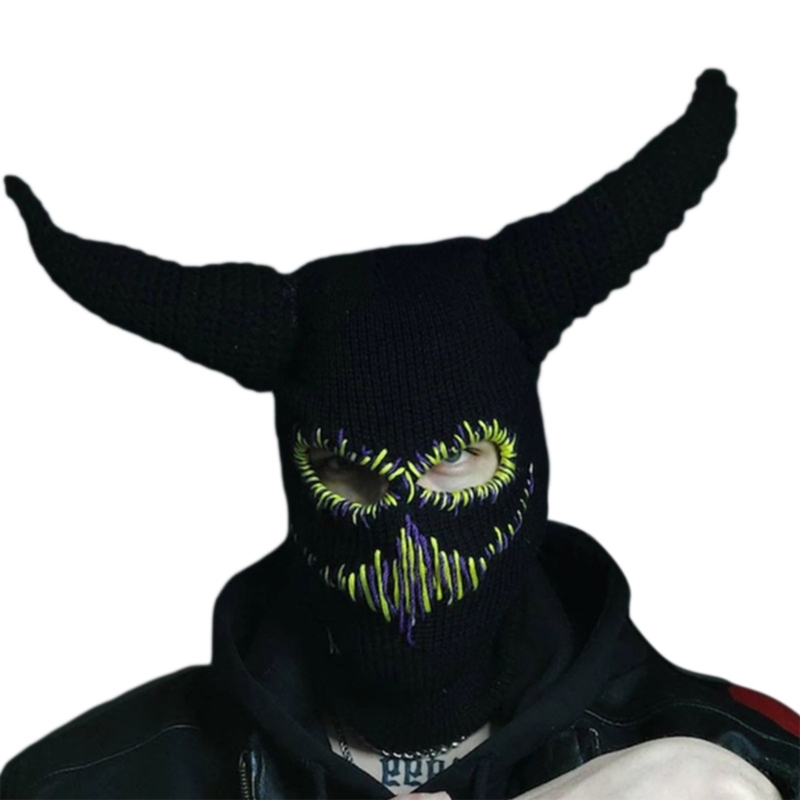 Frauen Gestrickte Kappen mit Teufel Hörner Halloween Horror Beanie Ski Maske für Männer – Detail 3