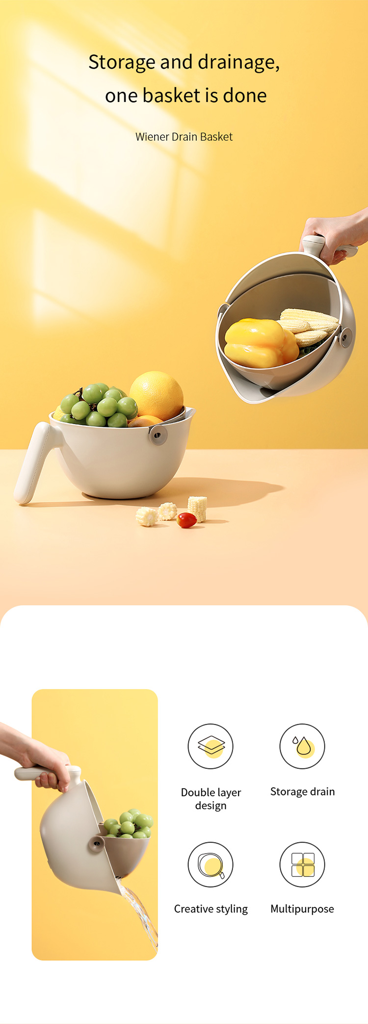Gadgetoo Fasola Double Layer Drain Basket For Food Vegetable Fruit Plastic Storage Basket