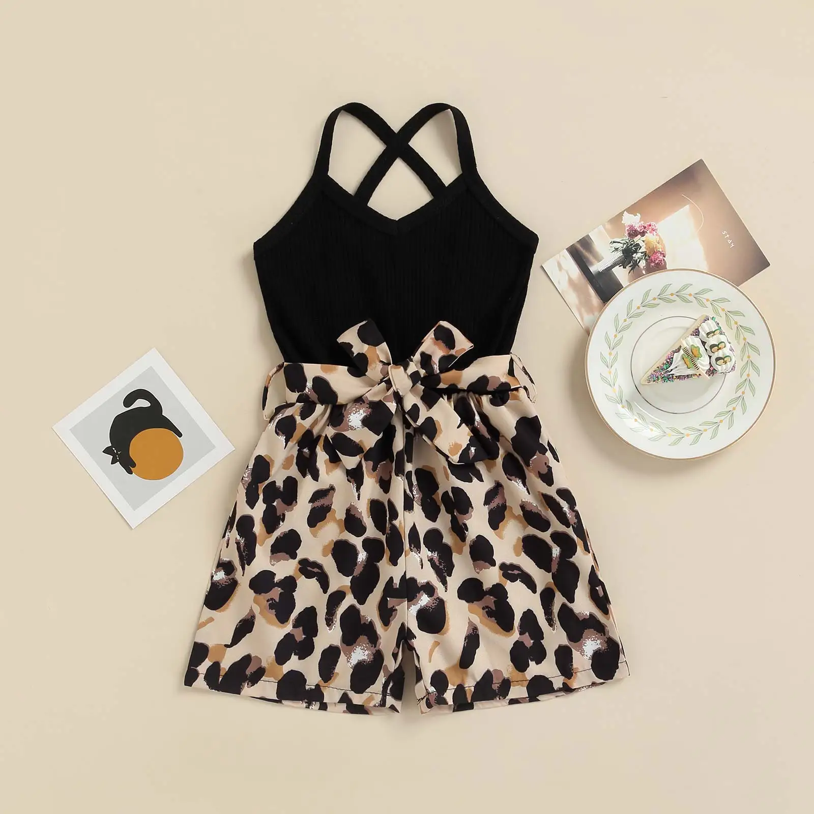 1-6 Y Girls Clothes Summer Patchwork Jumpsuit Sleeveless V-neck Backless Suspender Shorts Leopard Print Ribbed Rompers Baby Bodysuits medium