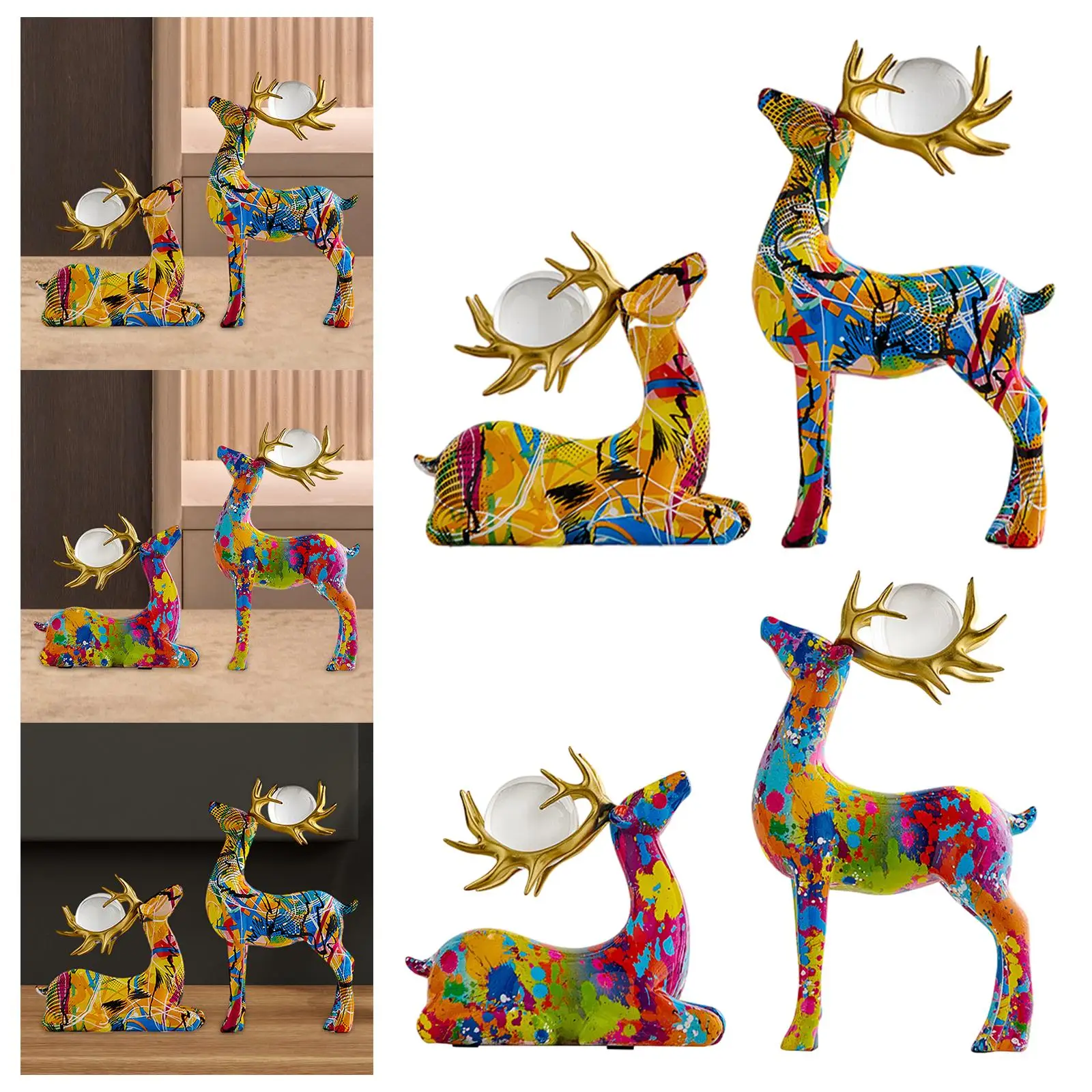 Couple Deer Statue Reindeer Figurine Modern with Ball Artwork Resin Sculpture for Tabletop Wedding Bedroom Cabinet Decor