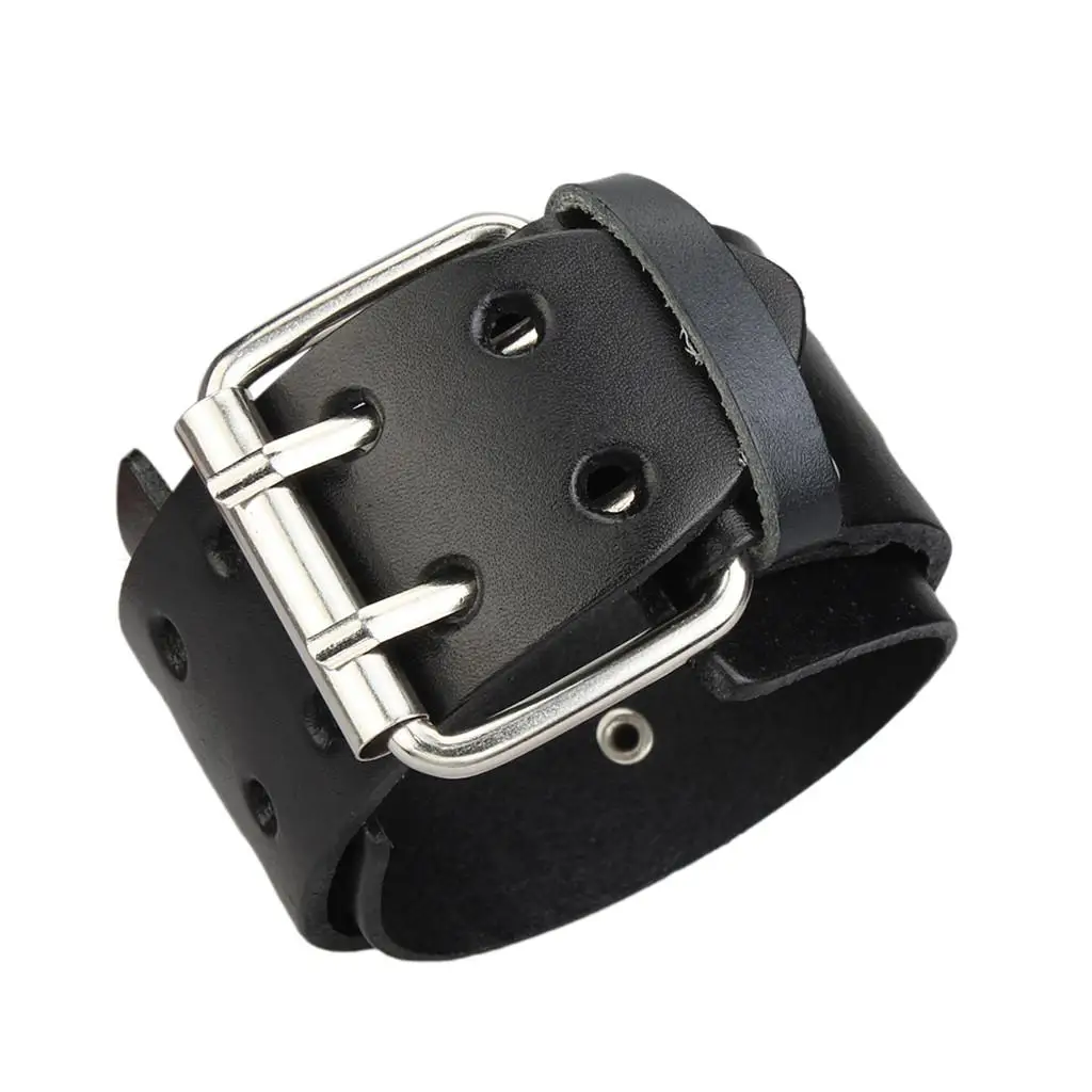 Men  Alloy Double Buckles Wide Adjustable Punk Large Leather Bracelet Cuff Bangle