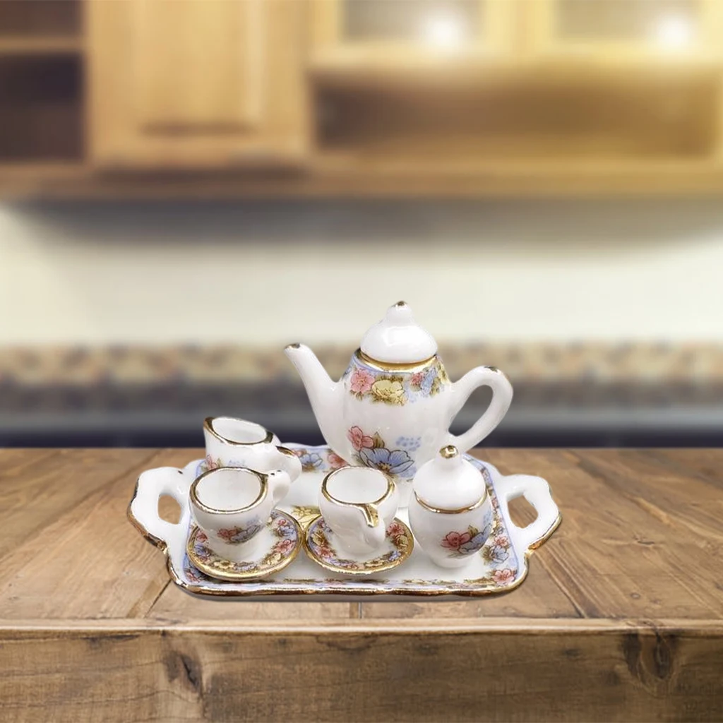 1:12 Miniature Porcelain Tea Cup Set Dollhouse Teapot Tableware for Kitchen