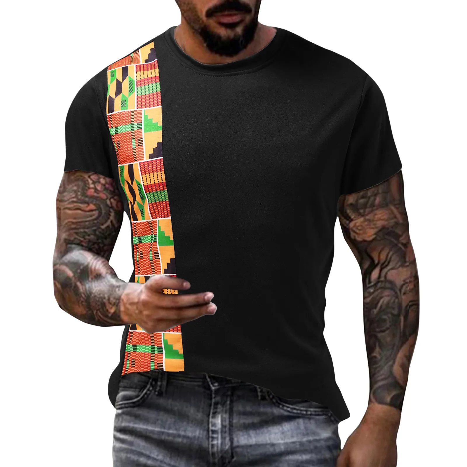 African Kente T Shirt Patchwork Color Print Top Wear Mens Ankara Style Panel Tees O Neck Kitenge For Men Short Sleeves Black Tee