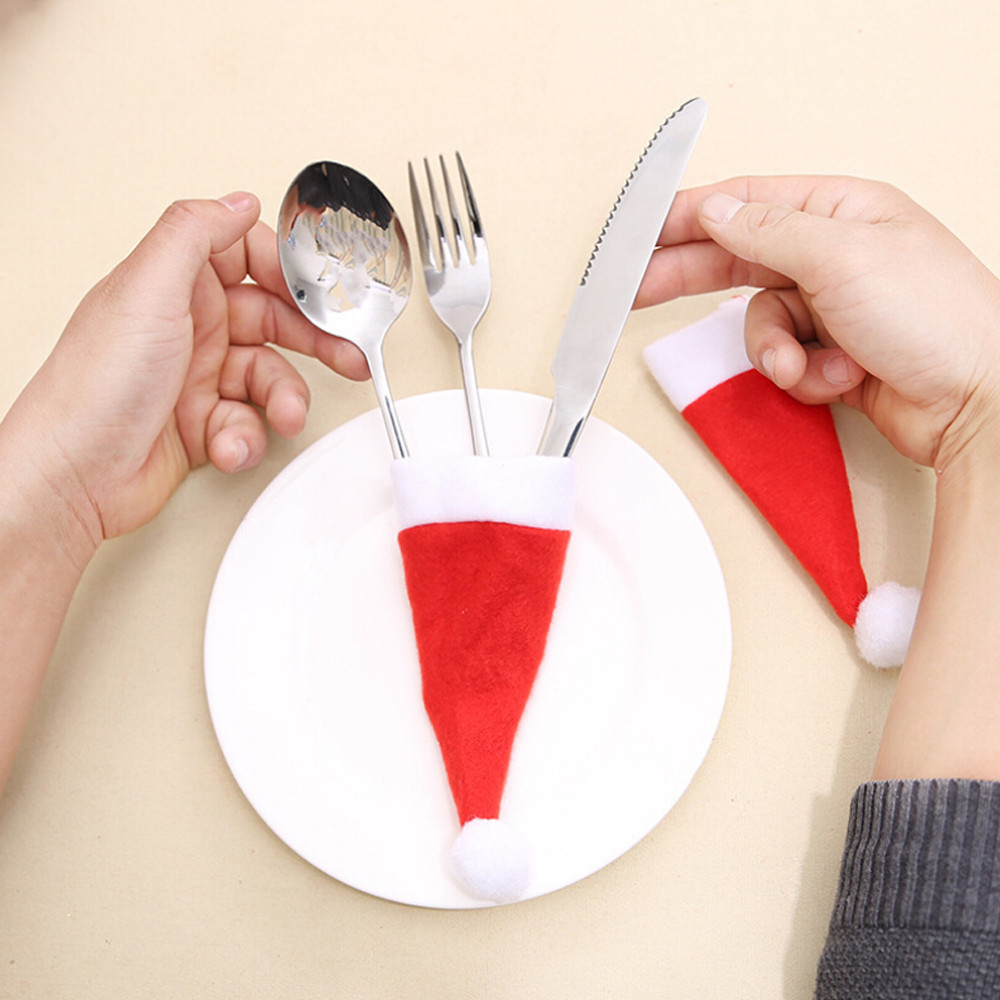 Description Picture 4 of item1~12pcs Christmas Hat Tableware Holder Bag Dinner Knife Fork Set Pocket Cover Navidad Lollipops Candy Hat Party Home Decors Xmas