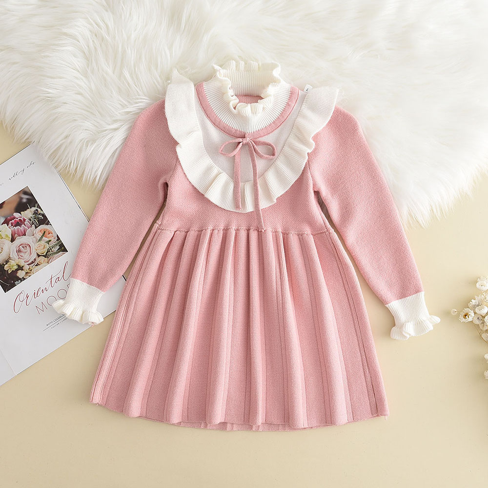 3-7 Jahre Alte Koreanische Version Marineblaues Süßes und Niedliches Mädchenkleid Herbst- und Winter-Strickkleid mit Langen Ärmeln für Kinder – Detail 15