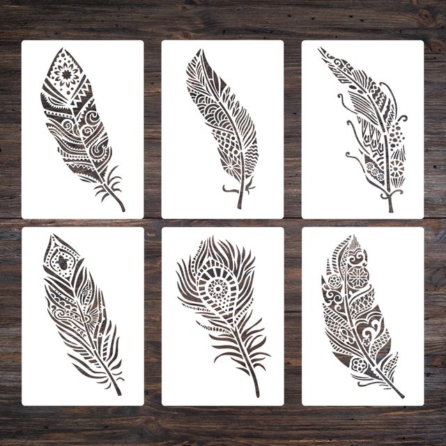 6 Pochoirs Plume Mandala JSRQT - Réutilisables Pour DIY Peinture