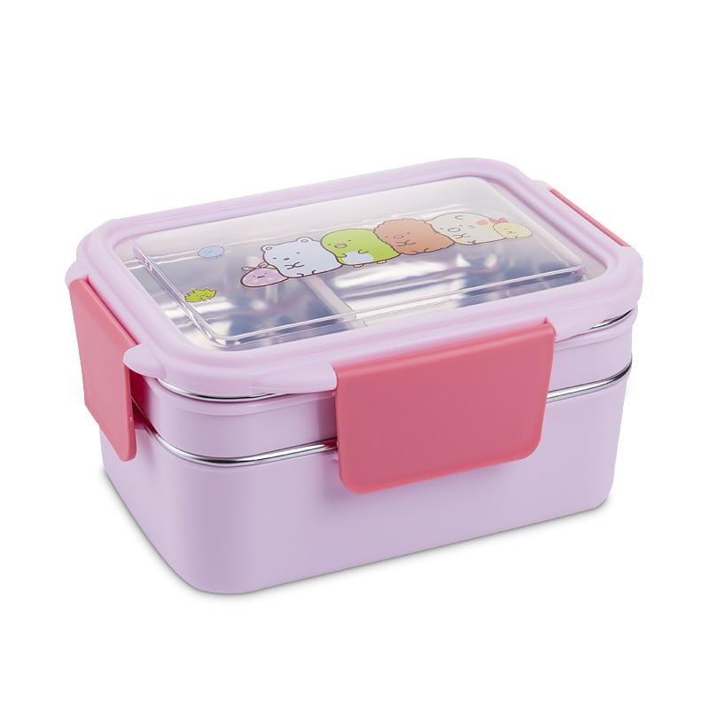 Mit zufälligem Muster Cartoon Lunchbox Edelstahl Doppelschicht Lebensmittelbehälter Tragbare Kinder Picknick Schule Bento – Detail 1