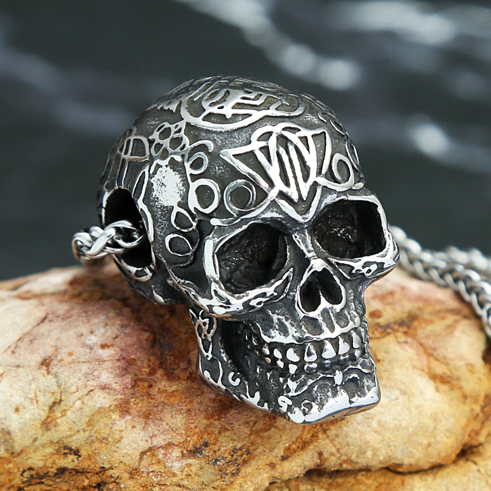 Retro Gothic Männer Schädel Anhänger Halskette Punk Hip Hop Muster Stempel Edelstahl Biker Schädel Anhänger Ketten Mode Schmuck – Detail 6