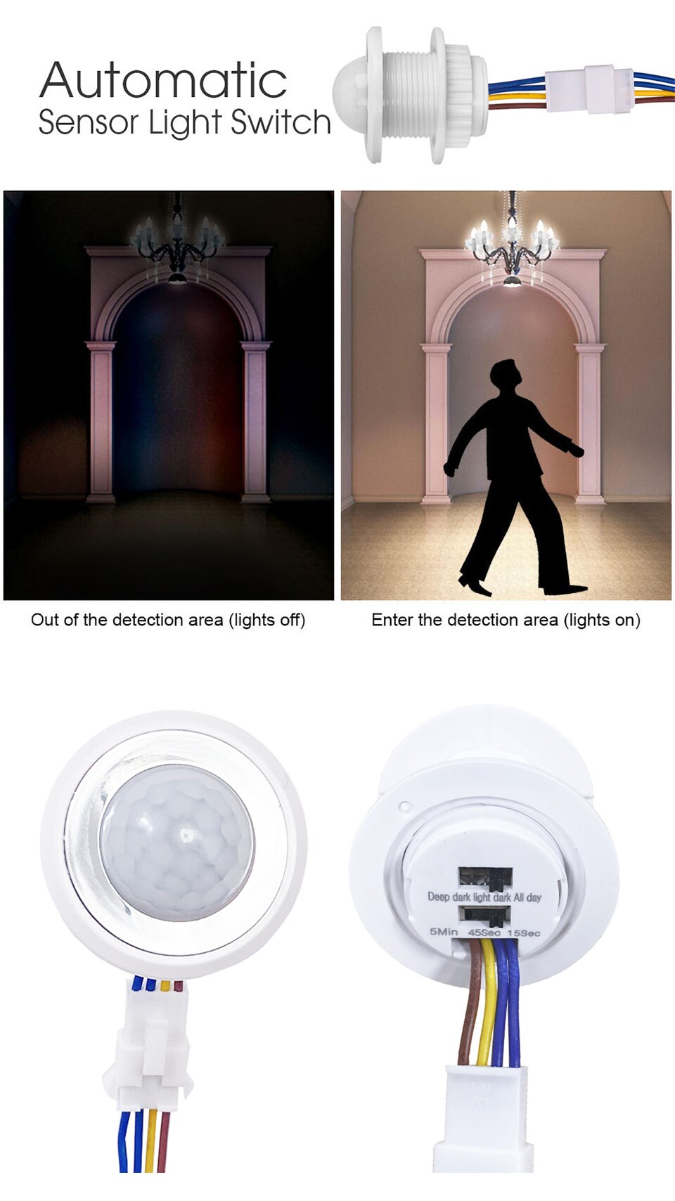 Nombre 3, Interruptor inteligente com sensor de movimento, 2 peças, 85-265v, detector automático, tempo de iluminação, atraso, ajuste de movimento para lâmpada led ceili