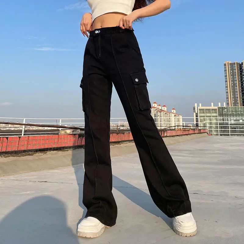 Cargo Pants Women Vintage Streetwear Flared High Waisted Jeans Casual Wide Leg Baggy Jeans Women ripped jeans