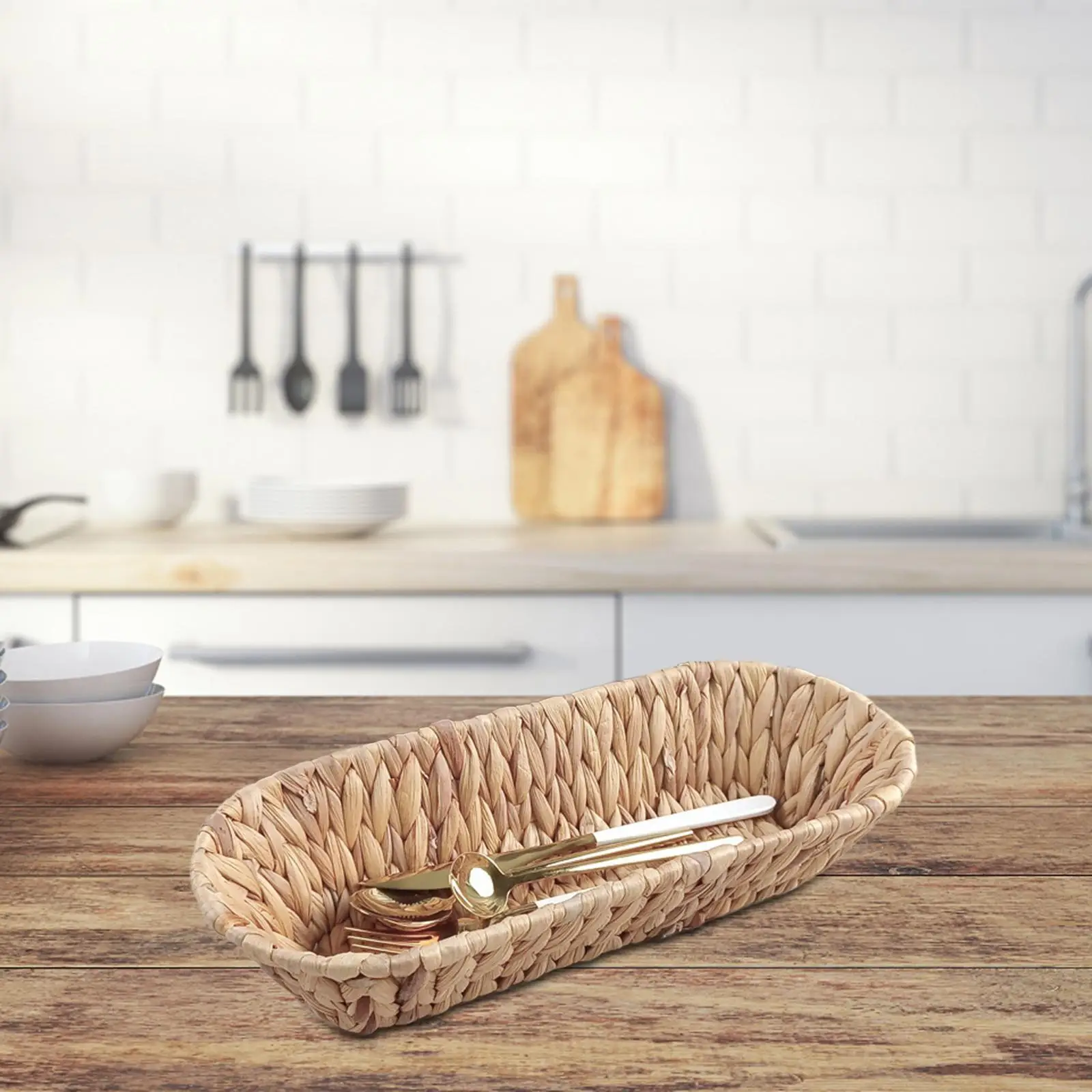 Handwoven Grass Rattan Bread Basket Serving Organizer Multipurpose 12.6x5x2.8inch for Kitchen Counter Lightweight Sturdy