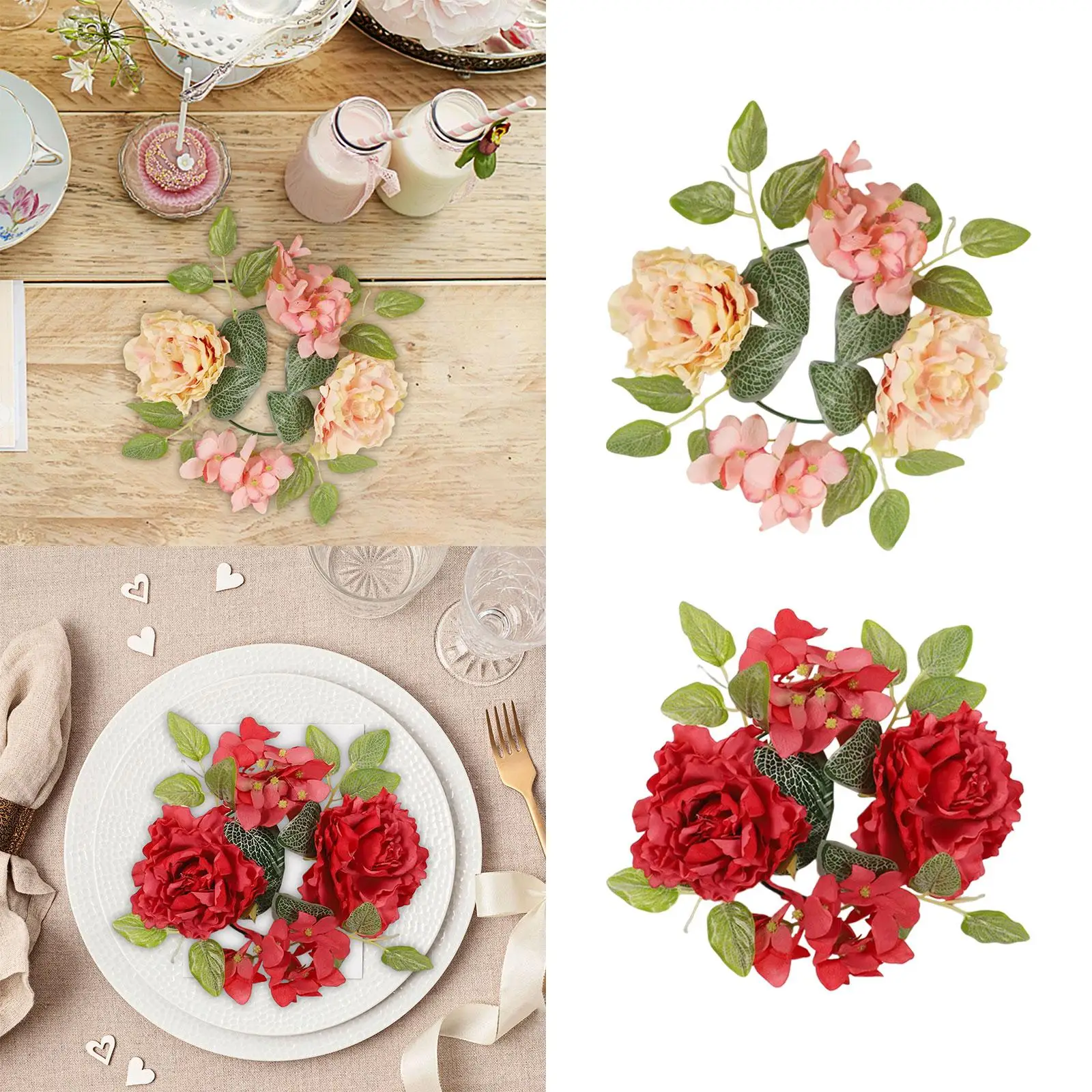 Wedding Floral Candle Rings Artificial Floral Peony Wreath Decoration Candle Rings for Thanksgiving Party Halloween Festival