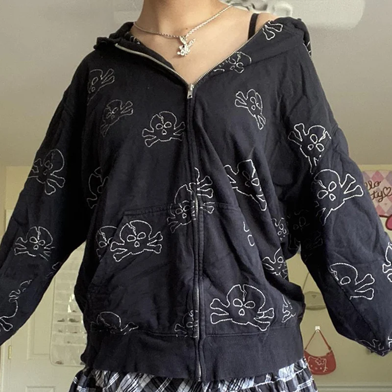 2000s Retro Dark Academia Black Sweatshirts Mall Goth Skulls Print Zip Up Hoodies Y2K Vintage Grunge E-girl Gothic Emo Clothes