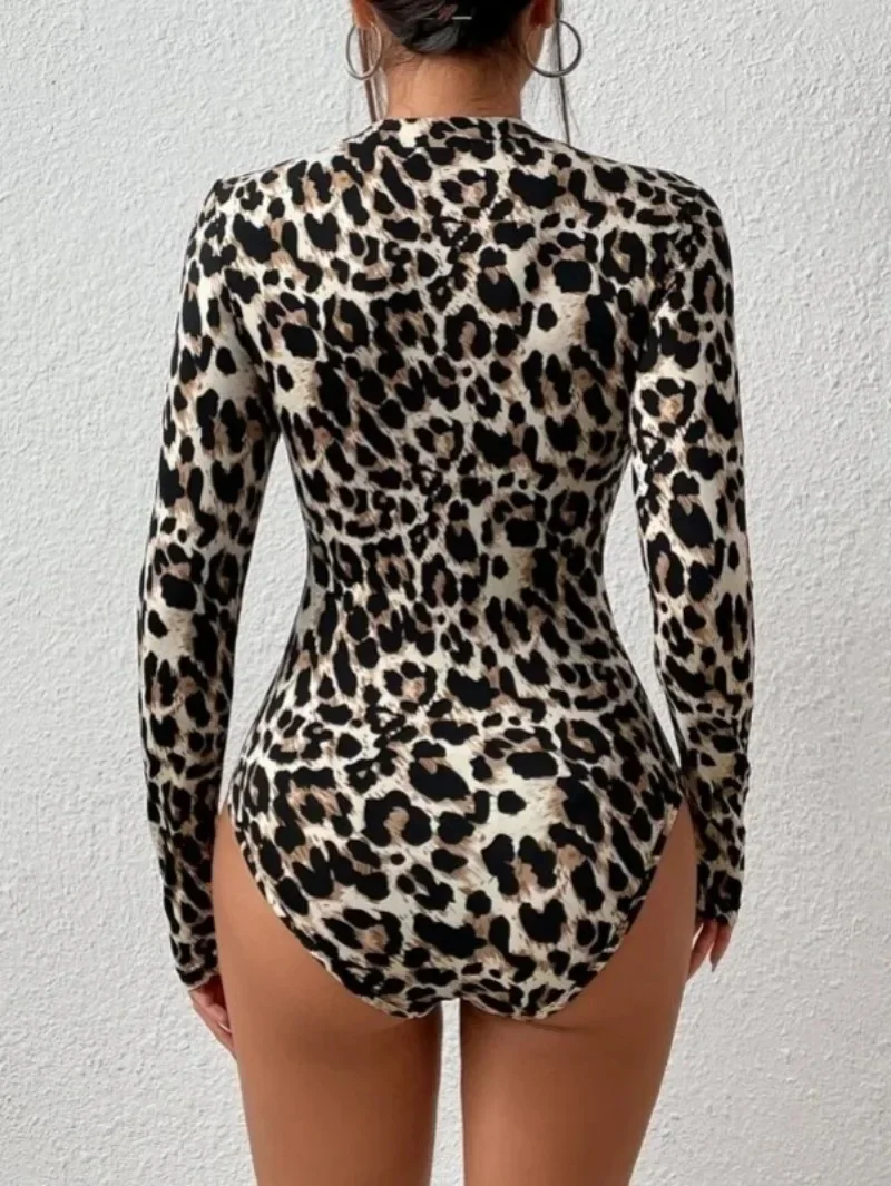 Leopard Print Bodysuit for Women - Sexy Tight Long Sleeve Stand Collar Top