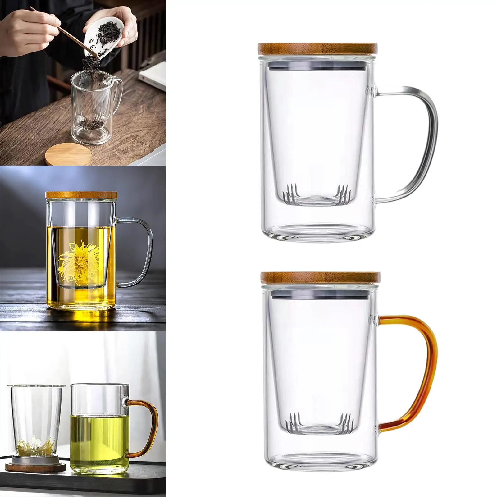 Glass Tea Cup Double Wall with with Glass Strainer and Lid Heat Resistant Tea Mugs for Loose Leaf Tea Warmer Tea Glasses