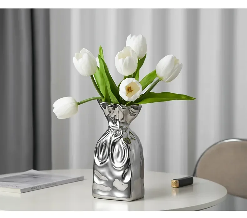 Luxury Electroplated Ceramic Vase Creative Flower Bottle Post-modern Home Office Desk Ornaments Living Room Decor Trendy Vessel