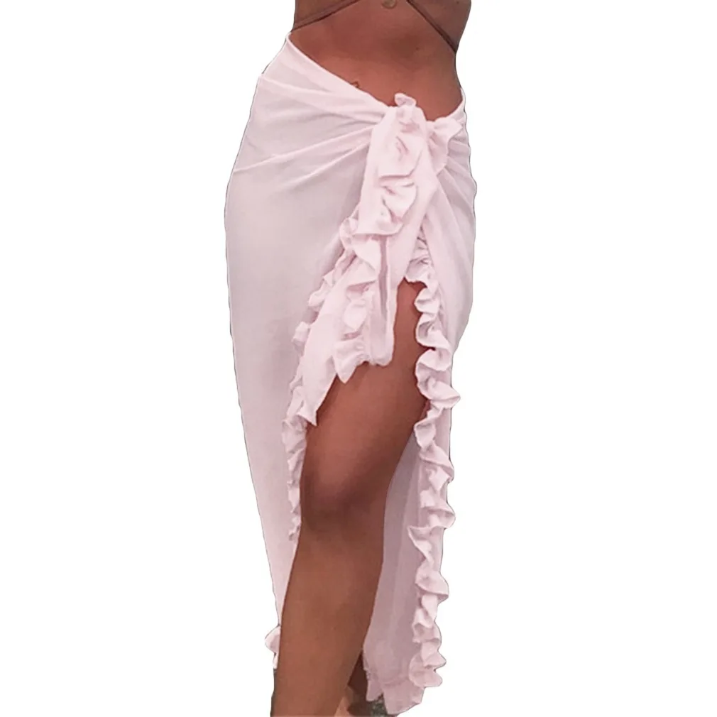 Women Sunscreen Half Dress Bikini Cover-Ups Ruffle Solid See-Through Chiffon Beach Holiday Casual Wrap Scarf Swimwear Skirt