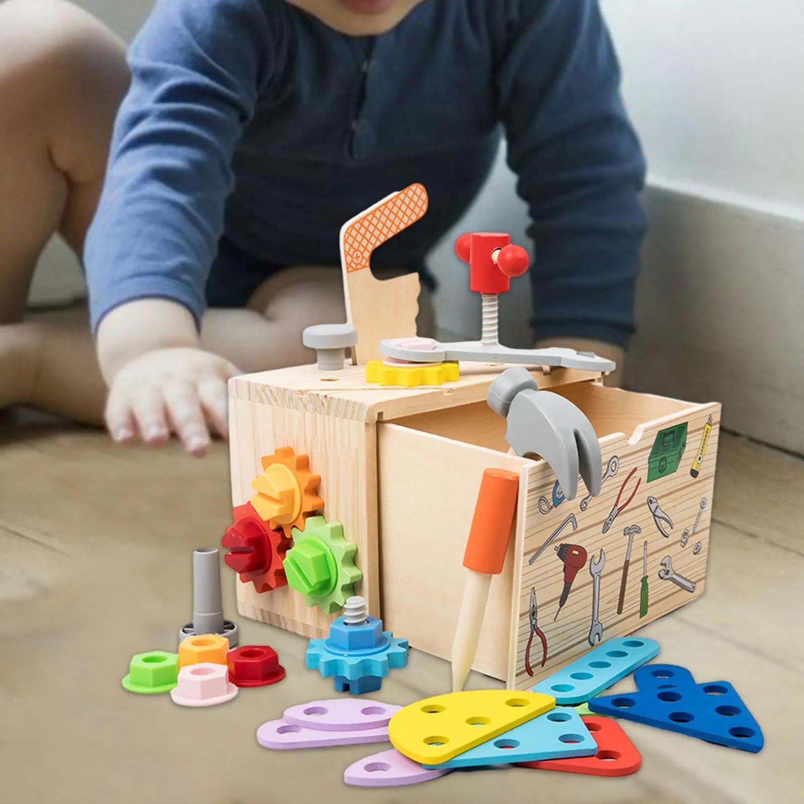 Wooden Toolbox Toy Playset Durable Children Repair Play Tool Set for Christmas 2 3 4 5 Years Old New Year Girls Boys Toddlers