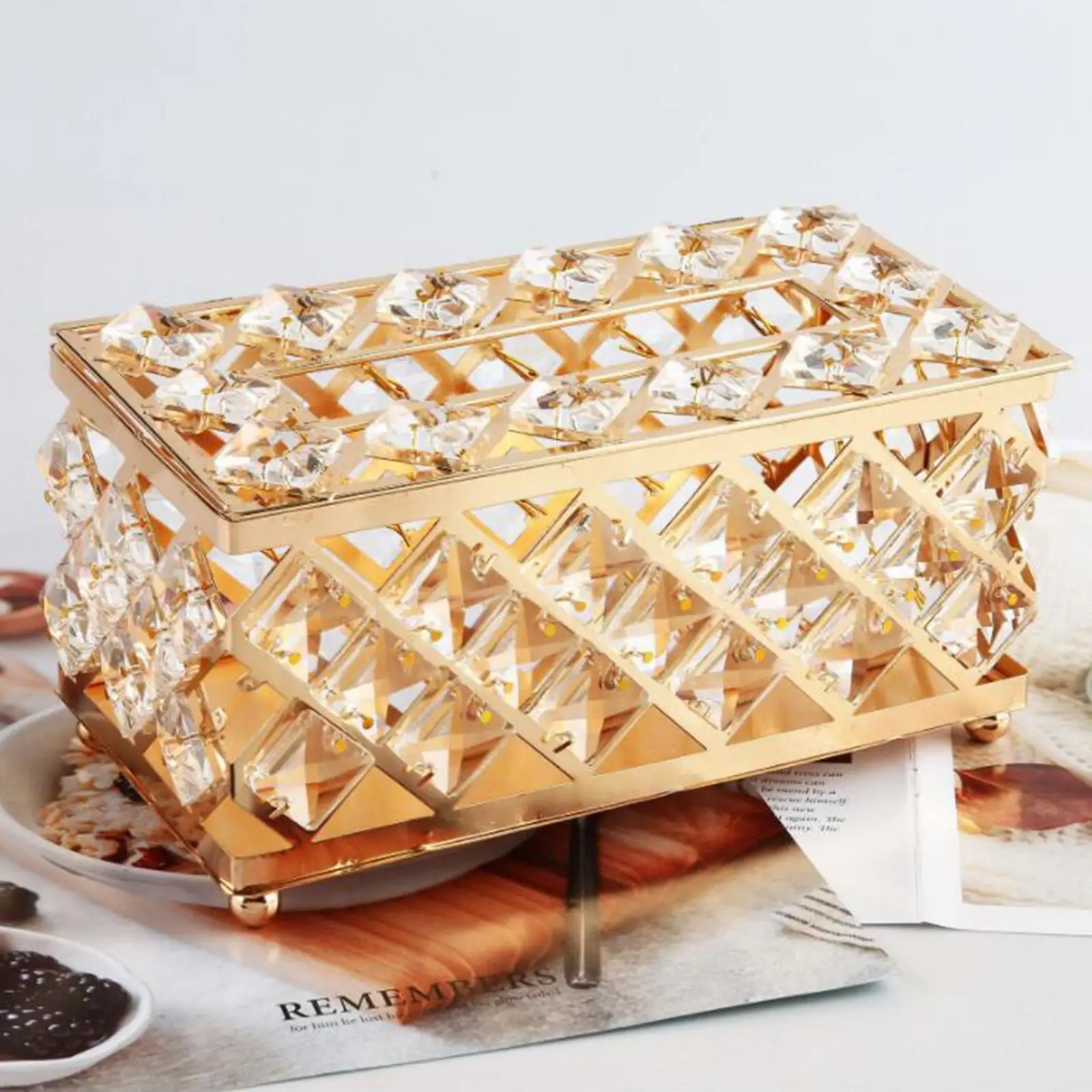 Modern Crystal Tissue Box Rhinestones Gold Rectangle for Kitchen Bedroom Car