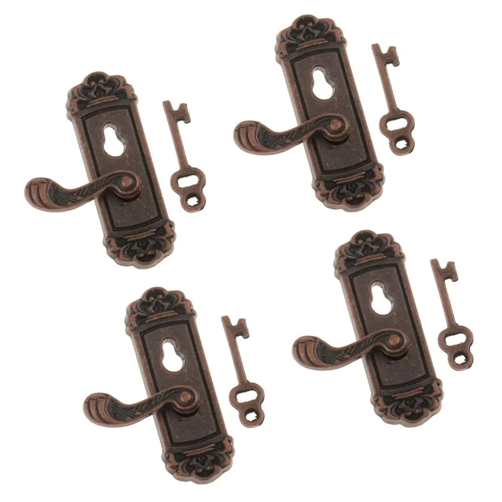 4x Miniature Door Locks with Handle + Key /12 Dollhouse Door Accessories