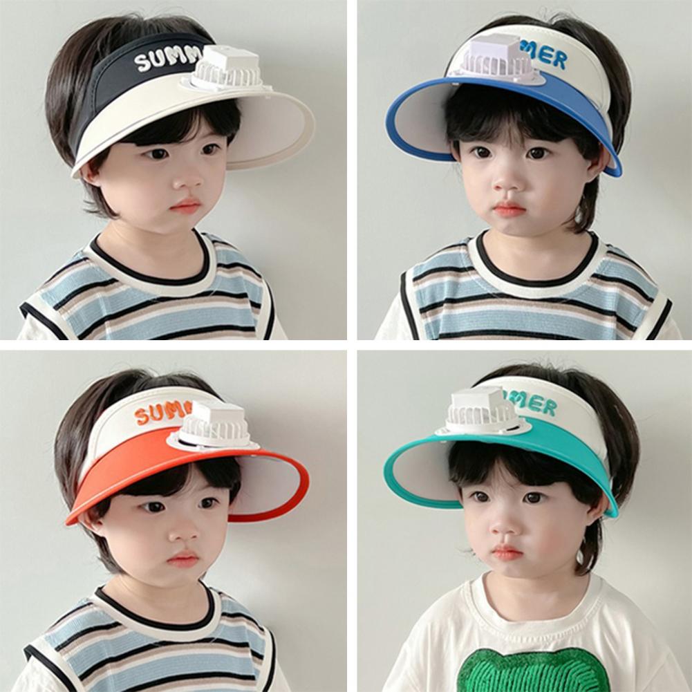 Sommer Kinder Sonne mit Mini Lüfter Leere Top Breite Krempe Visier Wandern Reise Sonnenschutz Mädchen Jungen Outdoor Hut_voghion.com