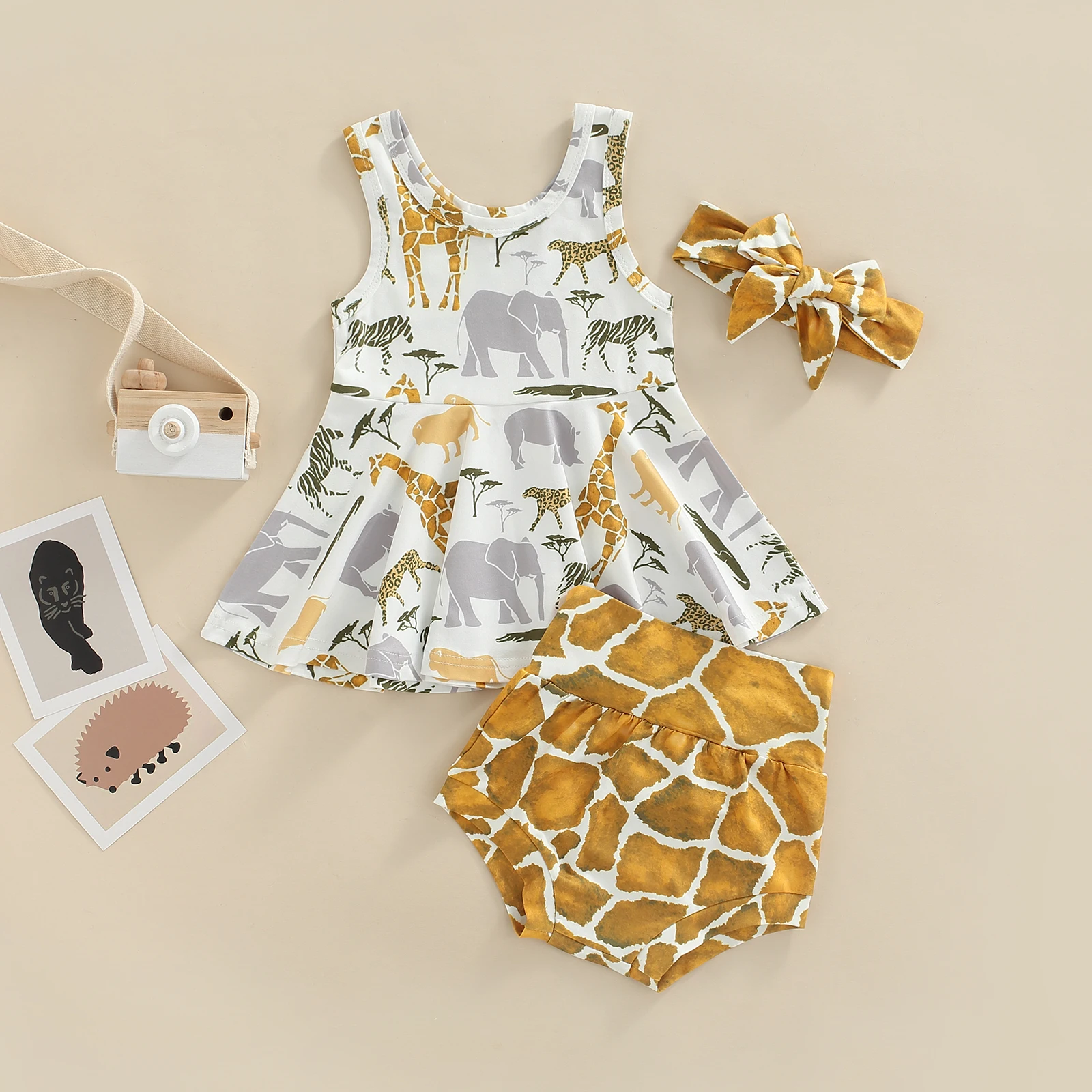 2022 0-24M Cute Baby Girls Summer Outfits Animal Zoo Print Ruffle Tank Sleeveless Tops+Giraffe Pattern Shorts+Headband Set 3pcs baby clothes set gift