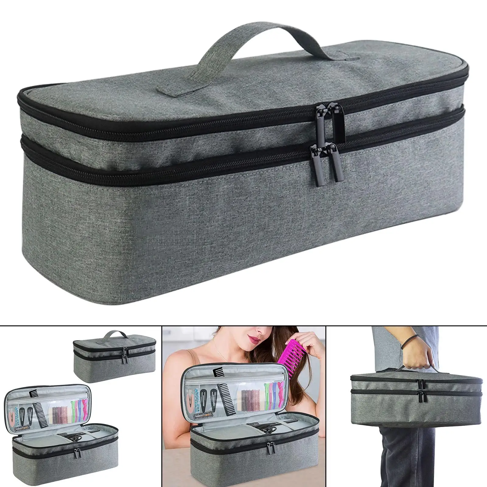 Double Layer Hair Dryer Storage Bag Large Makeup Case Dustproof Protection Bag with Handle for Business Trip Bathroom Home