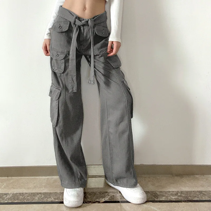 denim capris 2022 New European and American Street Hipster Women's Casual Loose Drawstring Belt High Waist Pocket Gray Wide Leg Trousers capri leggings