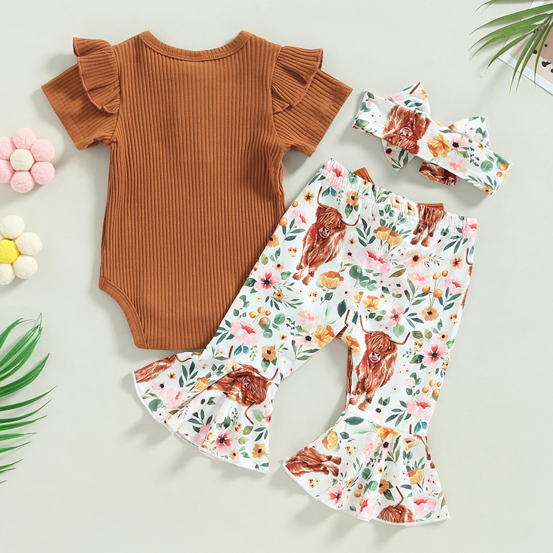 Description Picture 3 of itemBaby Girls Jumpsuits Set Summer Short Sleeves Romper and Casual Floral Flared Pants Headband
