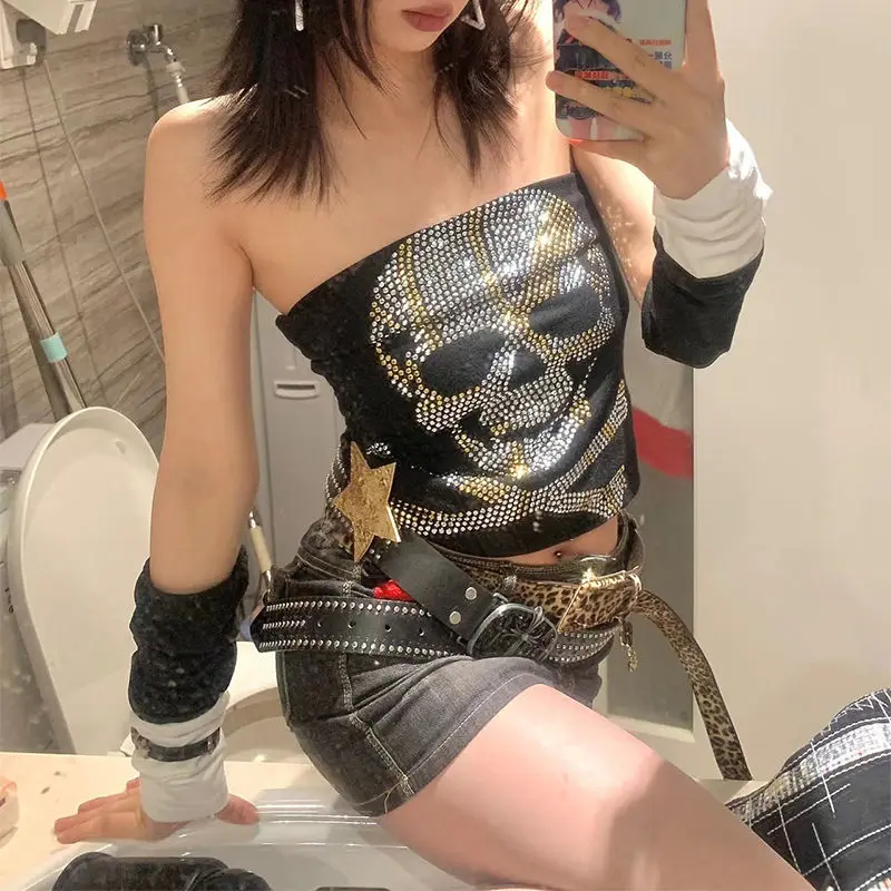 Gaono Rhinestone Skulls Pattern Tube Top Vest Gothic Grunge Cropped Top Sexy Strapless Camisole Y2K Vintage Mall Goth Clothes