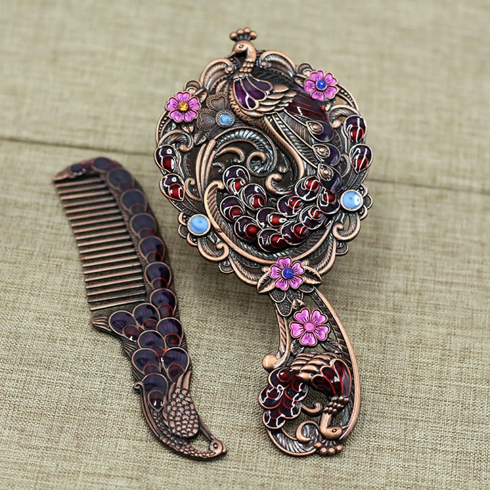 Retro Embossing Oval Peacock Make  Hand Held Comb Set  Cosmetic Mirror Vanity Mirror Portable Russian Style Table Mirror