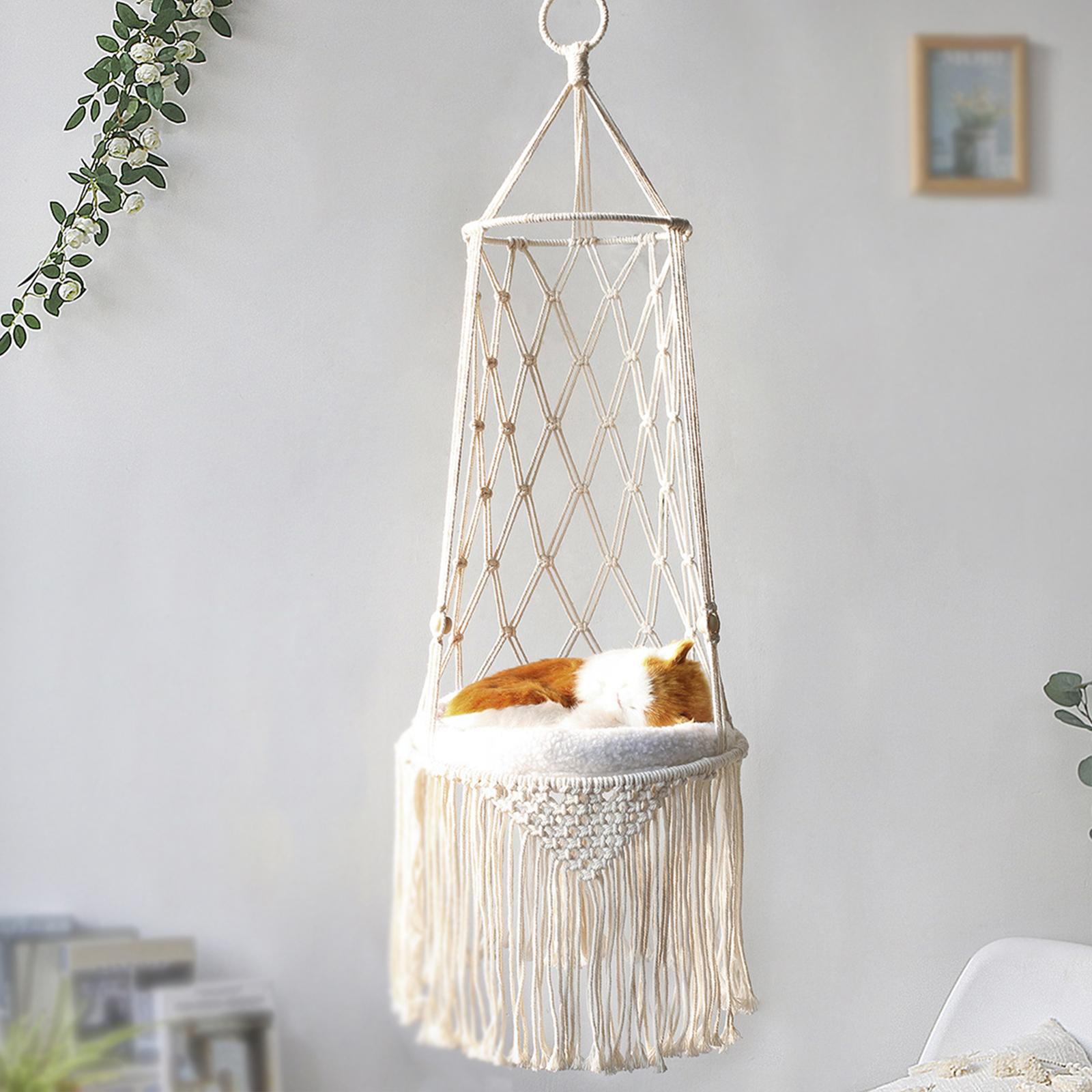 Macrame Cat Hammock, Decoration Hand Woven  Rope Tassel Boho Tapestry Hanging Pet Swing Bed Nest for Indoor Outdoor Wall