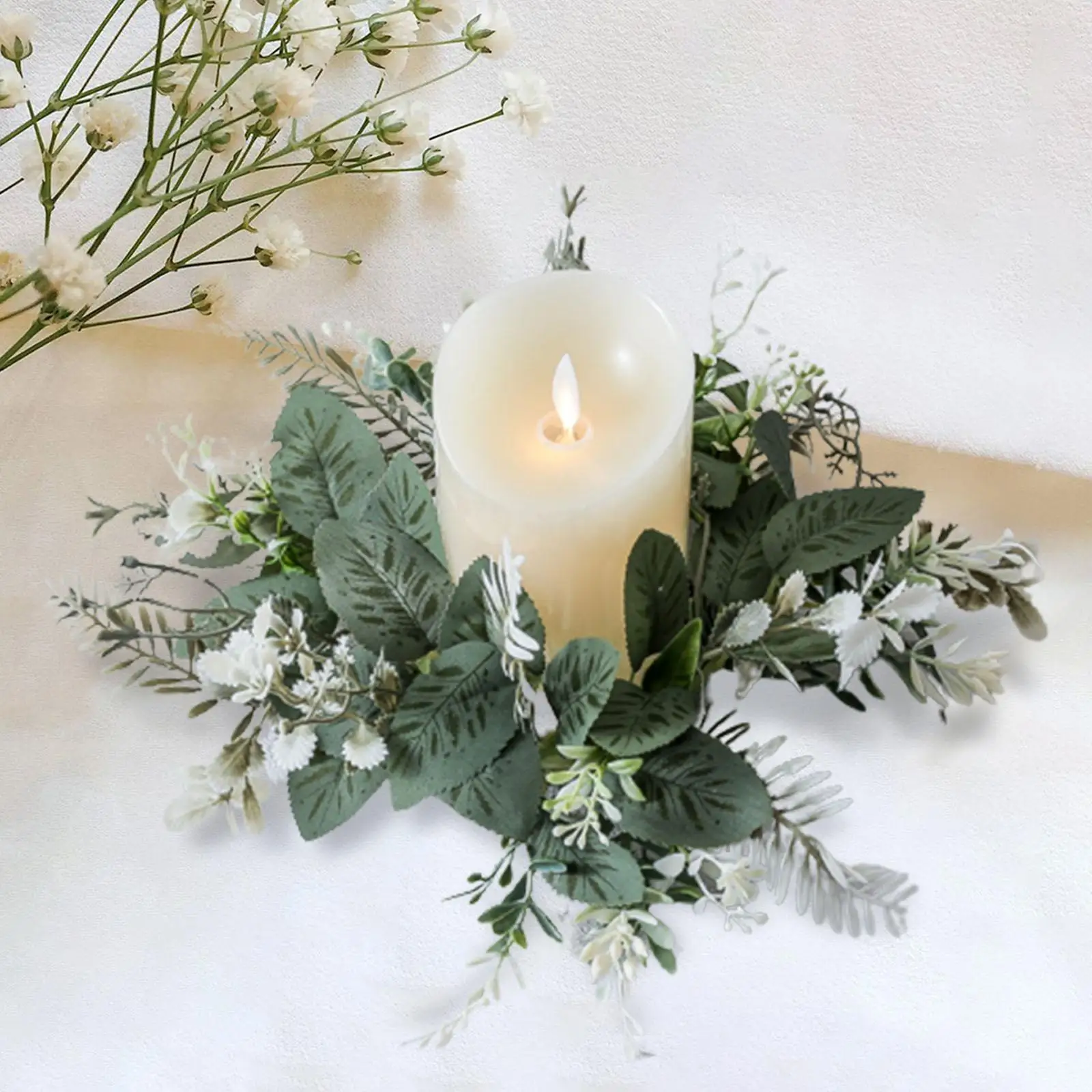 Greenery Candle Wreath Flower Arrangement Table Centerpieces Pillar Candle Ring Wreath for Dining Table Bar Farmhouse Cafe Decor