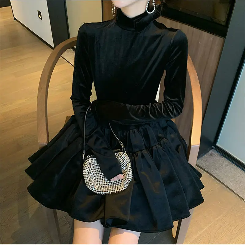 2023 Vestidos De Mujer Fashion Dresses Women Half High Collar Bow Tunic Sweet Party Dress Temperament Black Robe Femme 27k475