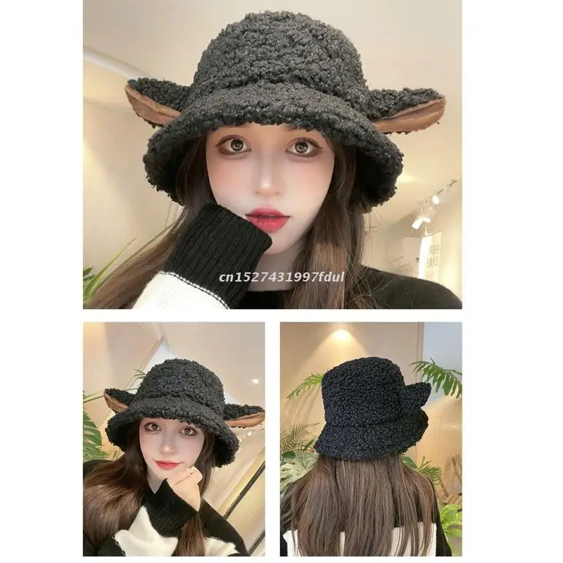 Autumn Winter Women Cute Sheep Plush Bucket Hats Lambswool Warm Panama Hat Faux Fur Fisherman Hats Outdoor Vacation winter bucket hat