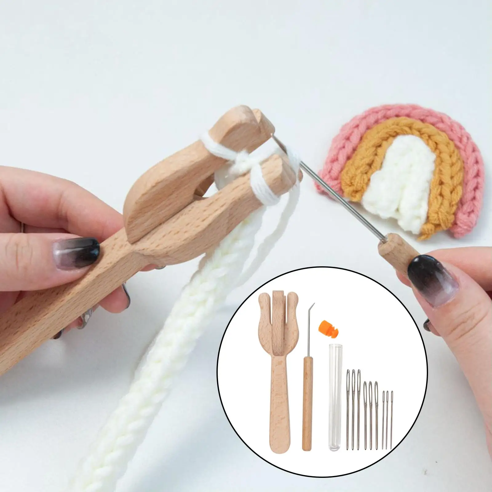 Knitting Fork, Handle and 9 Big Eye  Kit Knitting Knitters Eye Jewelry Wooden Lucet Fork Weaver Knitter Needle Kit