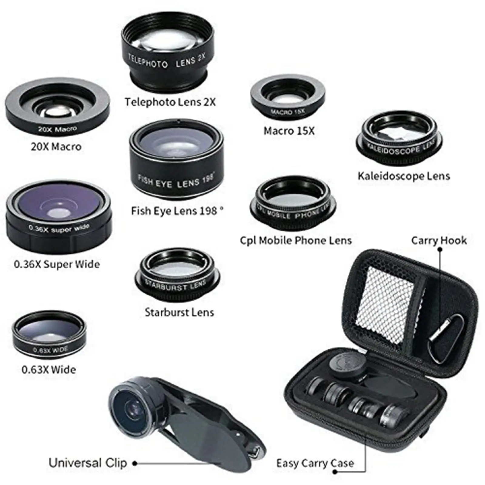 Universal 9 in 1 Phone Camera Lens Kit 20x Macro Lens 15x Macro Lens Kaleidoscope 0.36x Wide Angle for Most Smartphones