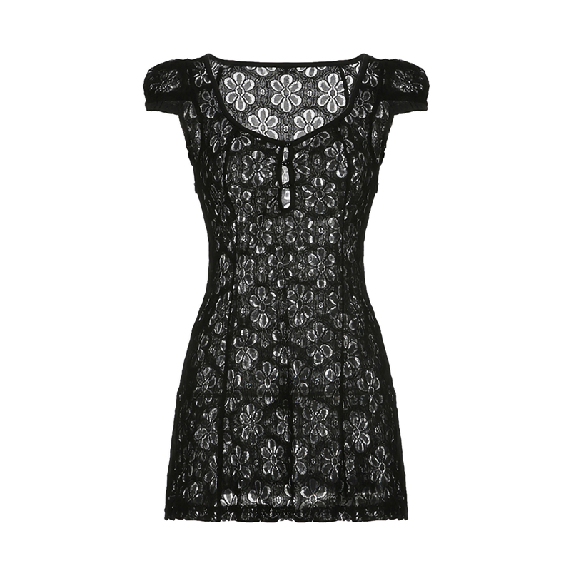 y2k Going Out Mini Lace Dress Summer Women See Through Short Sleeve V Neck Hollow Out Button Down A Line Dress Clubwear