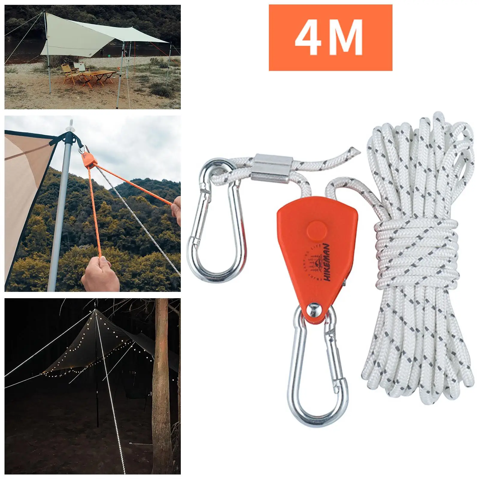 Pulley Ratchet Rope Hanger Tent Wind Rope with Carabiner for Camping Hiking