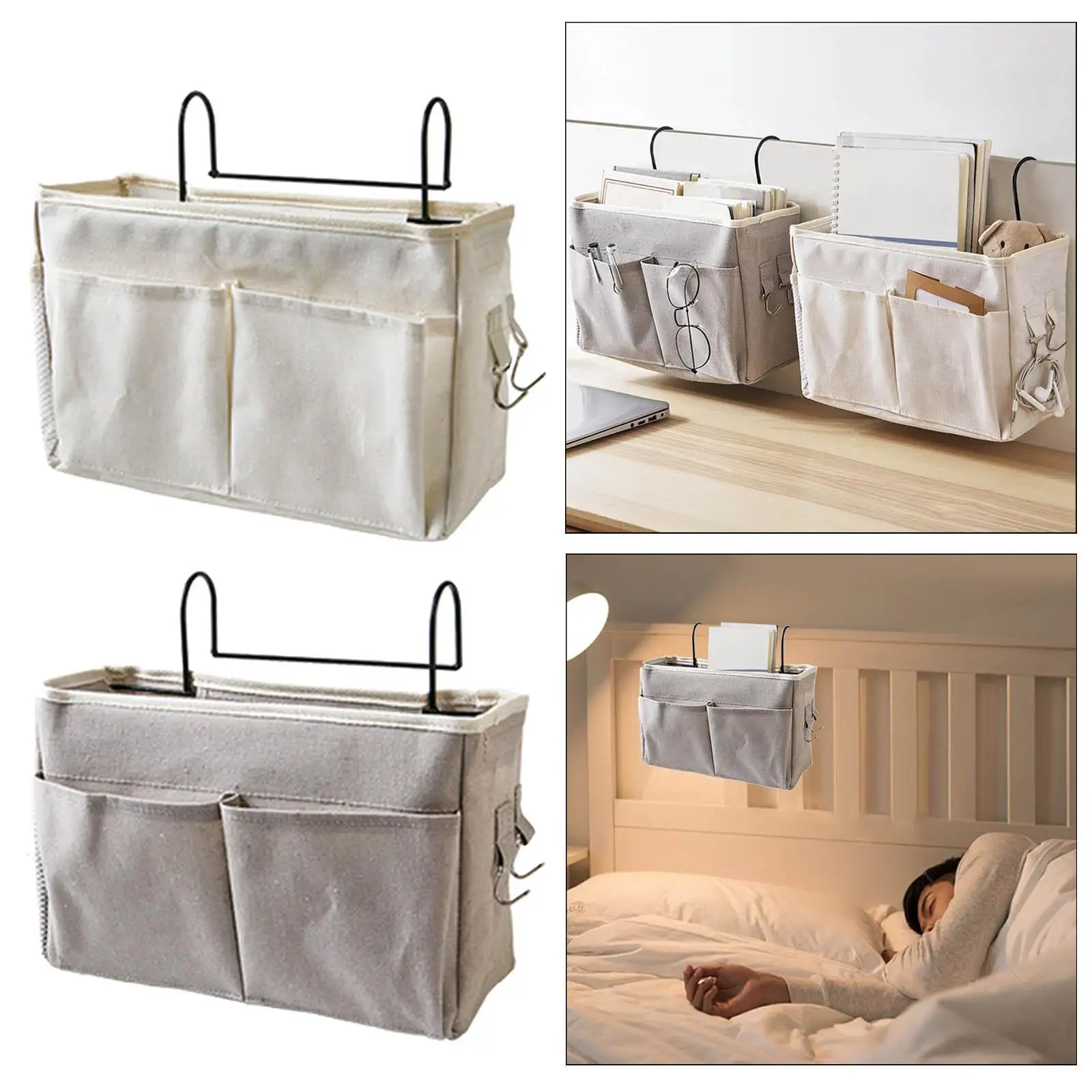 Bedside Caddy with 2 Hooks Hanging Organizer for Dorms TV Remote Control Magazine Bedside Handrail Pockets Baby Crib Bag