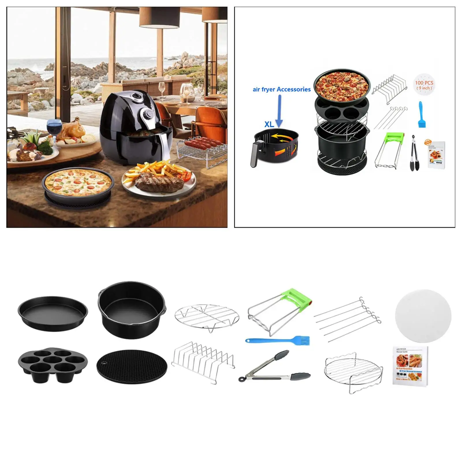 12Pcs Air Fryer Accessories Set Fit Most Brands Pizza Pan for 5.3-6.8Qt BBQ