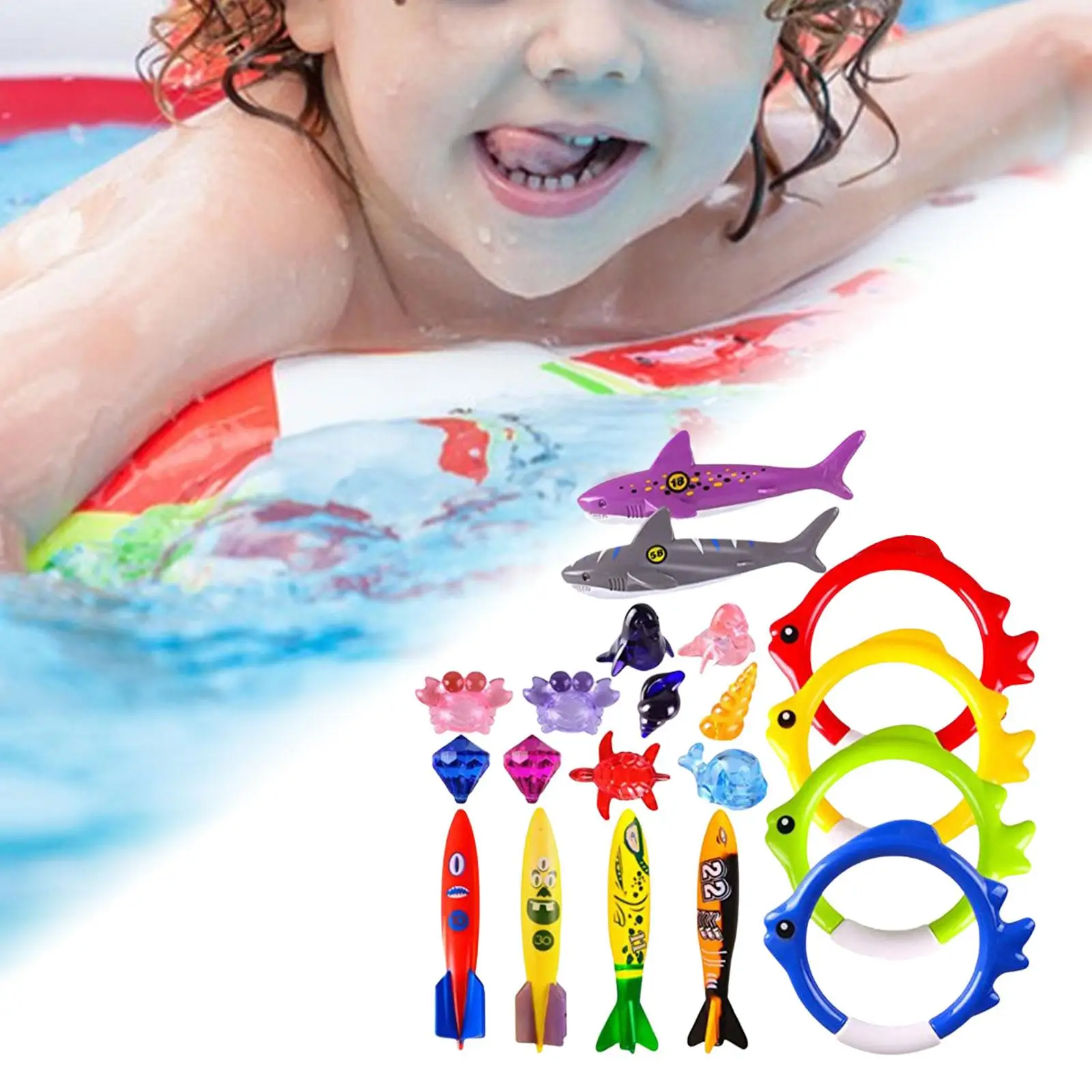 20 Pieces Fun Swim Games Sinking Set Gems Shark Rings Underwater Swimming Pool Toys for Diving Practice Kids 8-12