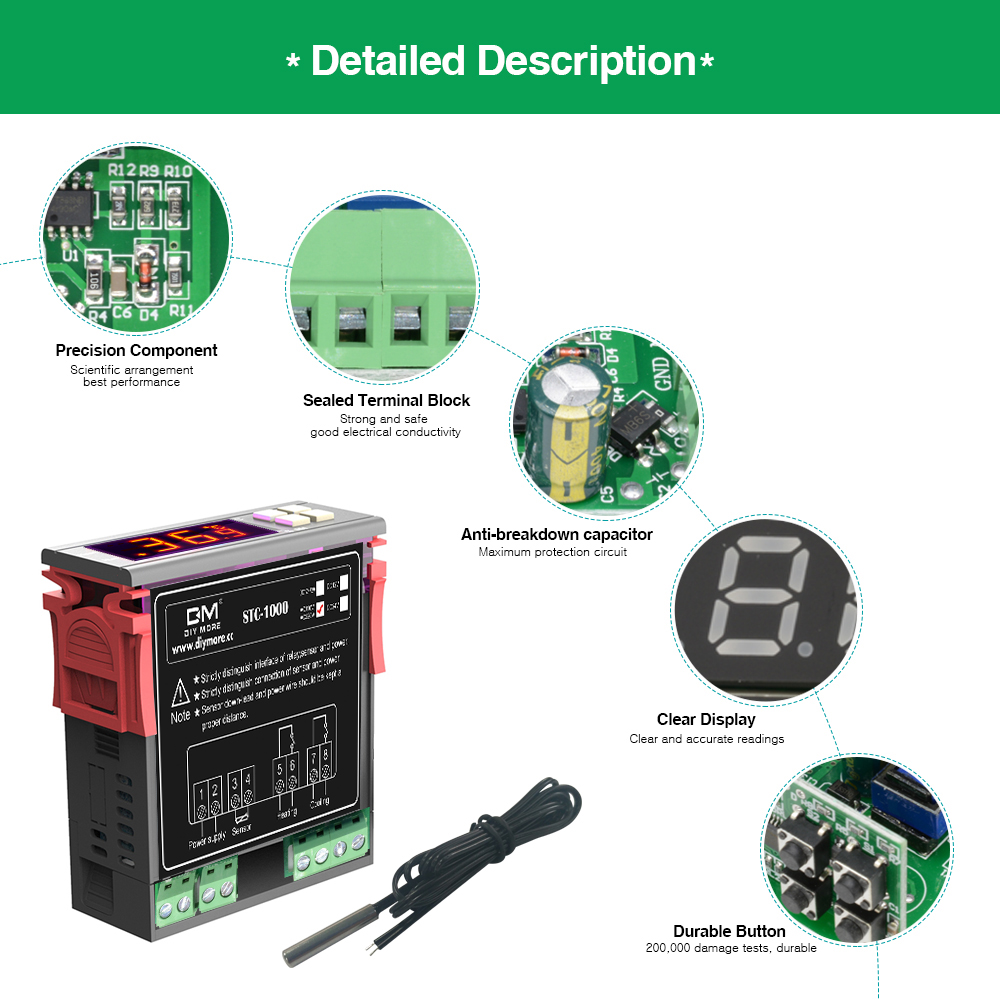 STC1000 LED Digitaler Temperaturregler AC110-220V Relais-Temperaturregler-Thermostat mit NTC-Sensor für Heizung, Gefrierschrank, Kühlschrank – Detail 7