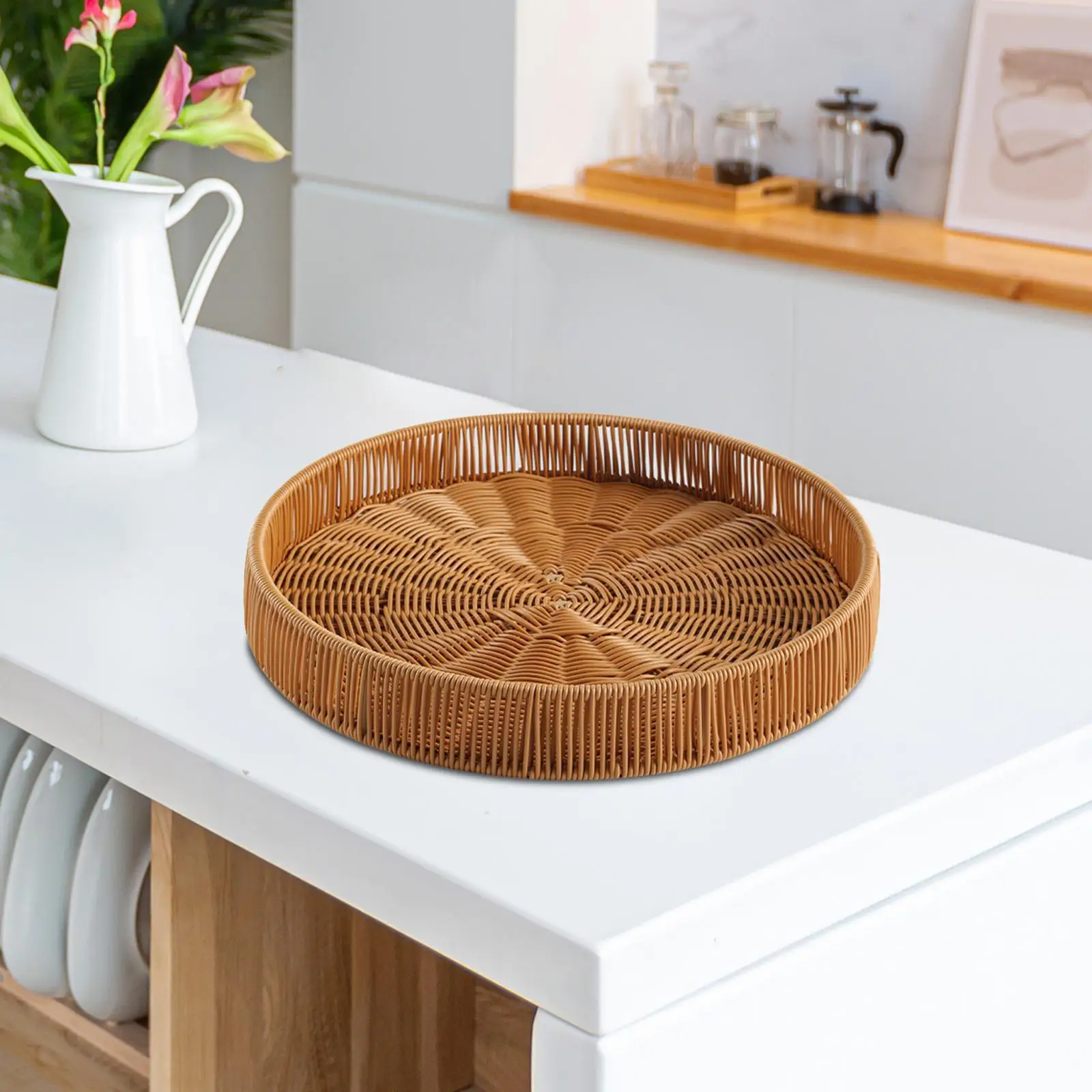 Round Imitation Rattan Tray Rustic Hand Woven Serving Tray Bread Basket Ottoman