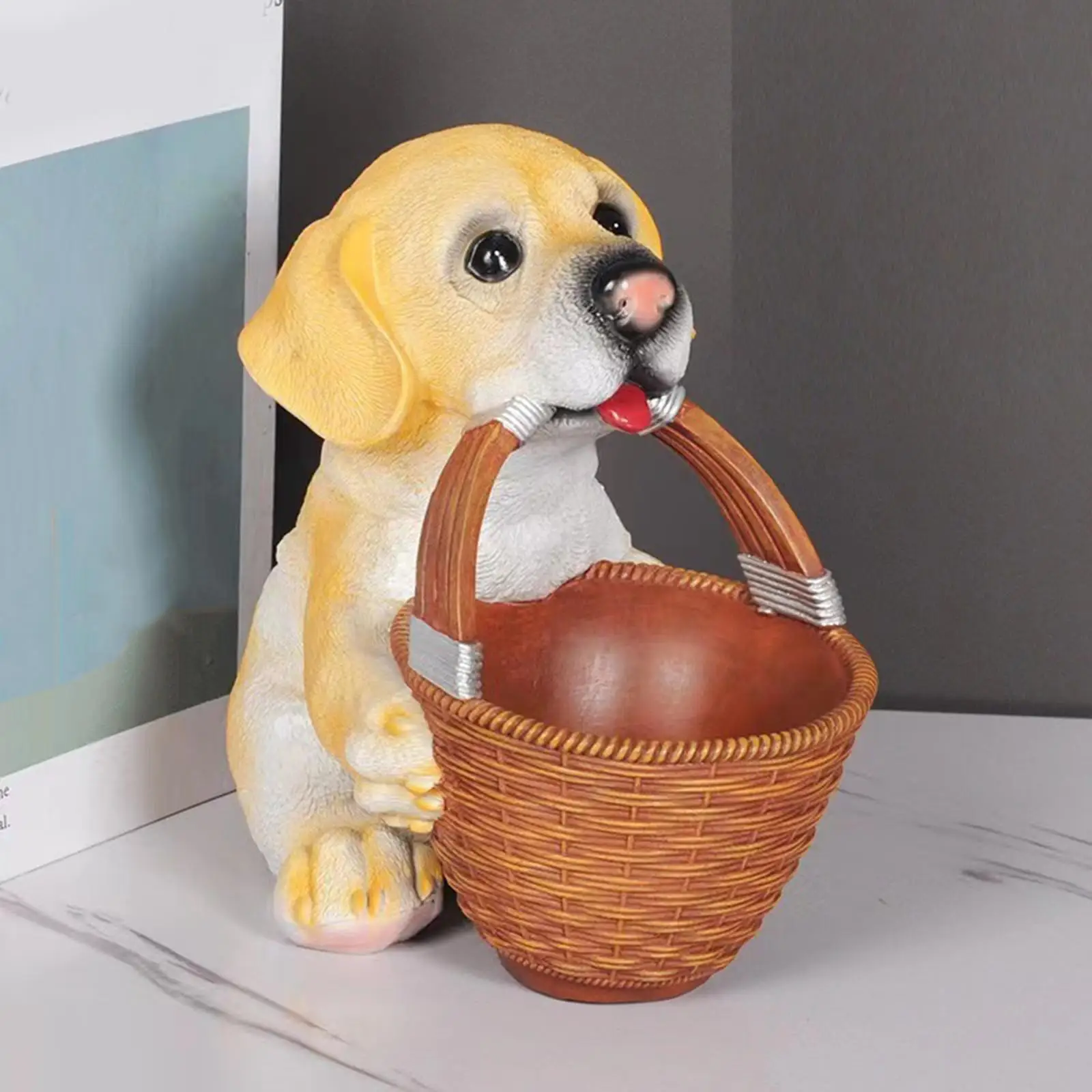 Puppy Statue with Basket Dog Resin Figurine Dish Decors Holder Storage Box for