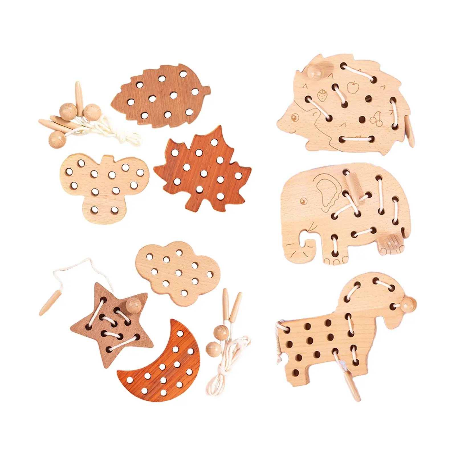 3 Pieces Wooden Lacing Threading Toys Teaching Aids Activities Board Travel Game Educational Wood Lace Block Puzzle for Car