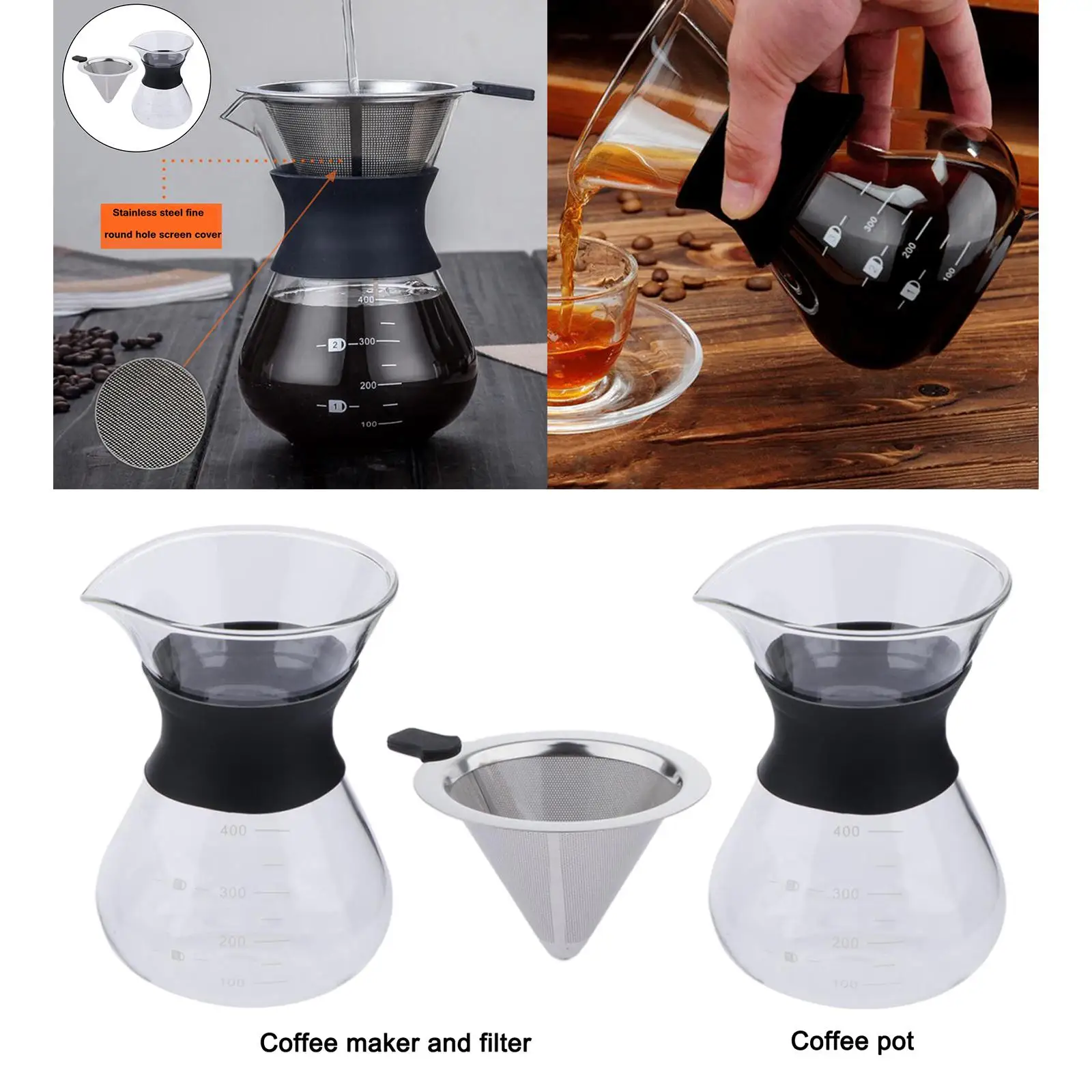 Reusable Filter Coffee Pot Maker Glass Carafe Pour Over