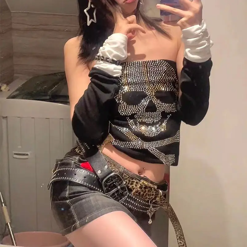 Rhinestone Skull Strapless Crop Top y2k Women Tube Top Punk Gothic E Girl Dark Academia Off Shoulder Camis Corsets